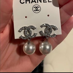 Faux pearl Cs costume jewelry earrings silvery